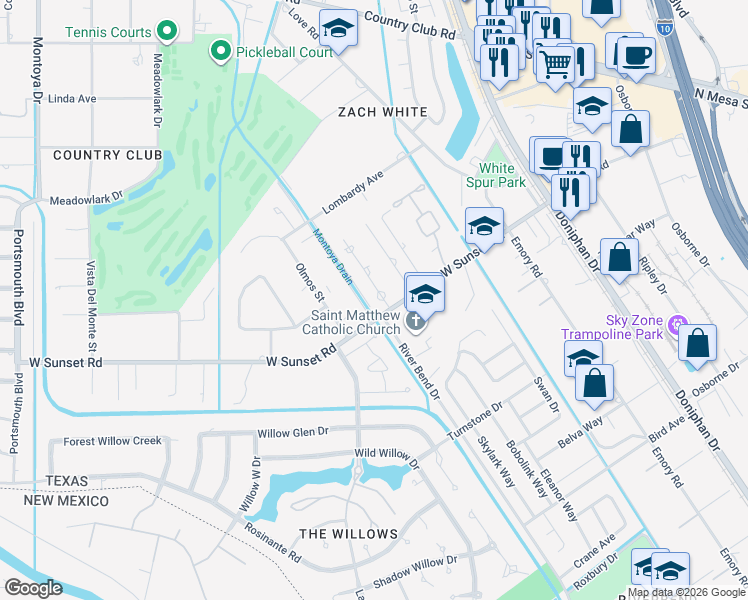 map of restaurants, bars, coffee shops, grocery stores, and more near 4805 Costa De Oro Road in El Paso