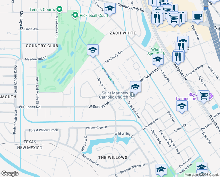 map of restaurants, bars, coffee shops, grocery stores, and more near 4816 Olmos Street in El Paso