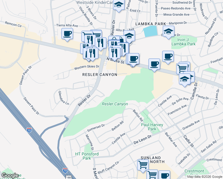 map of restaurants, bars, coffee shops, grocery stores, and more near 270 Maricopa Drive in El Paso