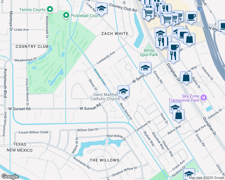 map of restaurants, bars, coffee shops, grocery stores, and more near 4805 Costa De Oro Road in El Paso
