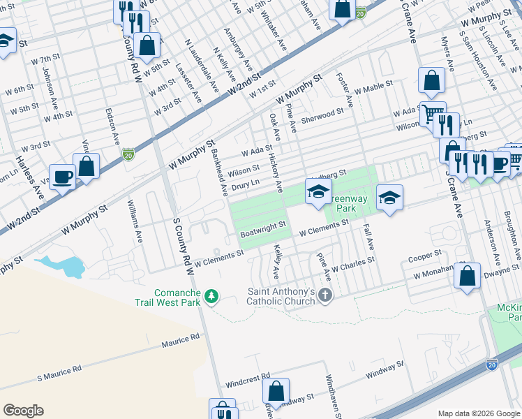 map of restaurants, bars, coffee shops, grocery stores, and more near 1318 Clifford Street in Odessa