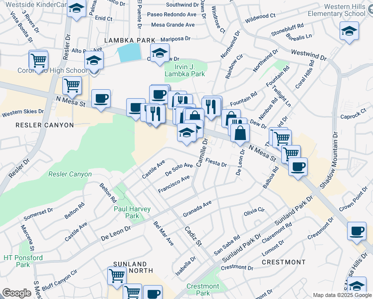map of restaurants, bars, coffee shops, grocery stores, and more near 6508 Fiesta Drive in El Paso