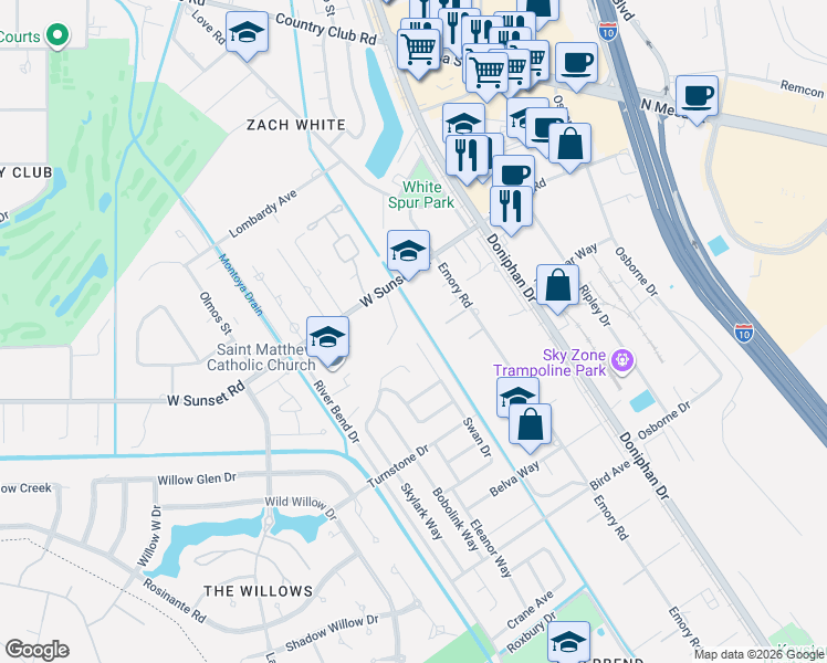 map of restaurants, bars, coffee shops, grocery stores, and more near 4786 Sol De Alma Way in El Paso