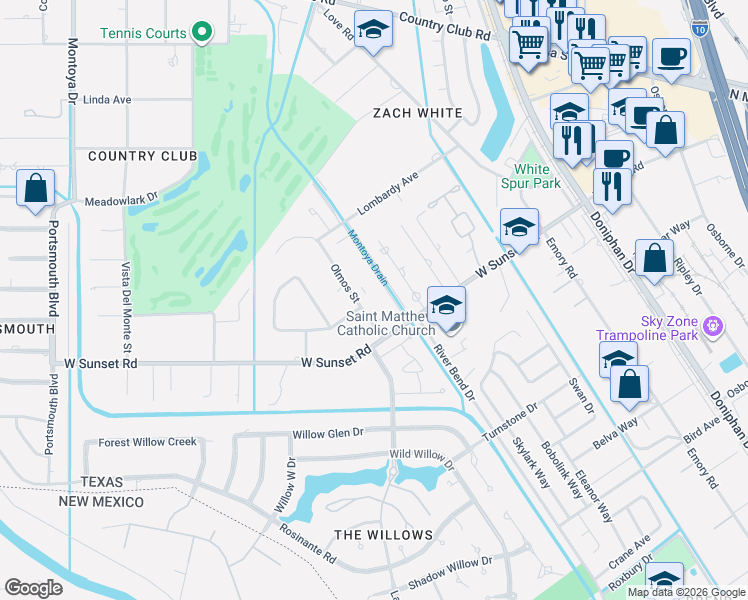map of restaurants, bars, coffee shops, grocery stores, and more near 4816 Olmos Street in El Paso