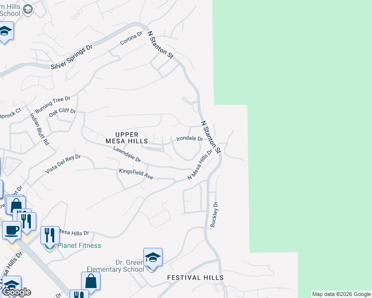 map of restaurants, bars, coffee shops, grocery stores, and more near 500 Greenhill Lane in El Paso
