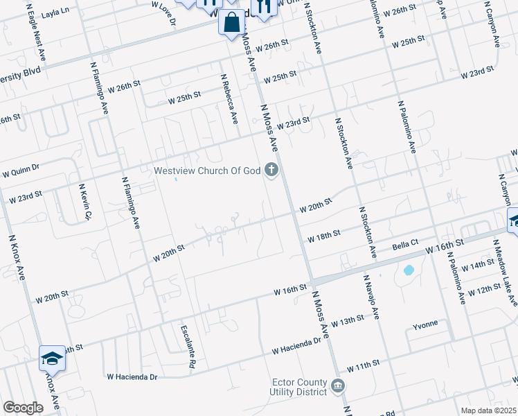map of restaurants, bars, coffee shops, grocery stores, and more near 10500-10558 West 20th Street in Odessa