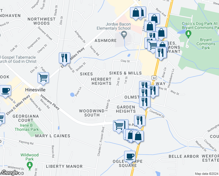 map of restaurants, bars, coffee shops, grocery stores, and more near 646 Parker Drive in Hinesville