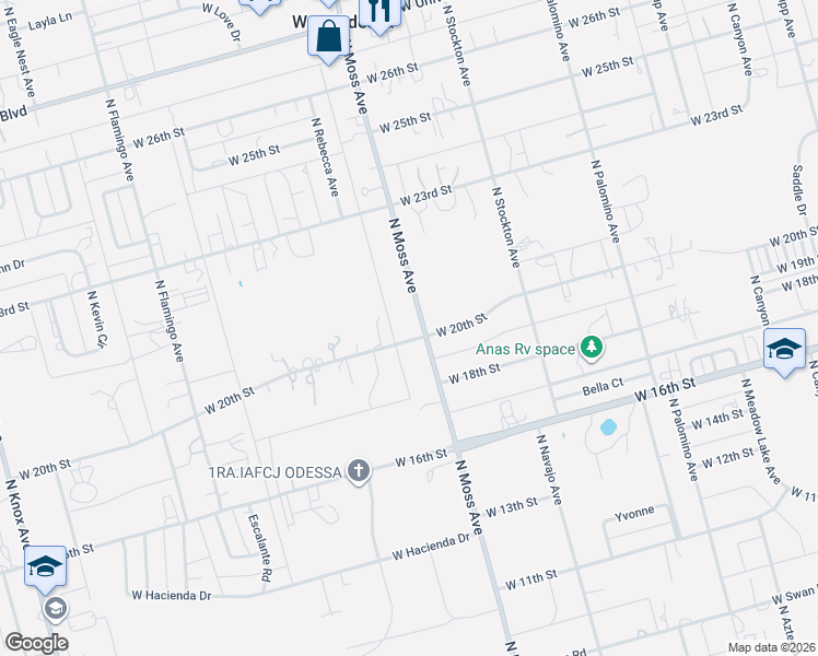 map of restaurants, bars, coffee shops, grocery stores, and more near 10500-10558 West 20th Street in Odessa