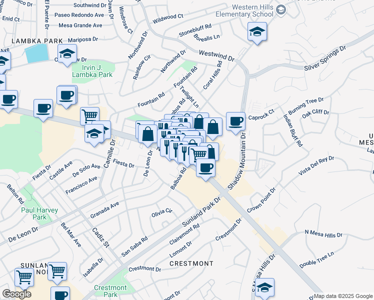 map of restaurants, bars, coffee shops, grocery stores, and more near 6140 North Mesa Street in El Paso