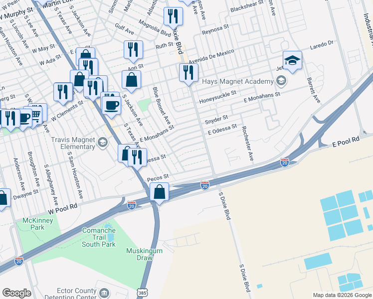map of restaurants, bars, coffee shops, grocery stores, and more near 407 Seminole Street in Odessa