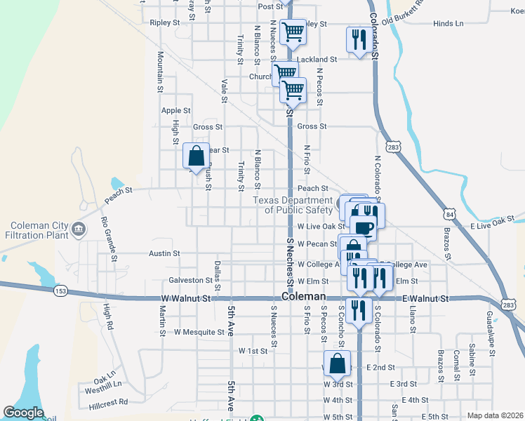 map of restaurants, bars, coffee shops, grocery stores, and more near 116 North Blanco Street in Coleman