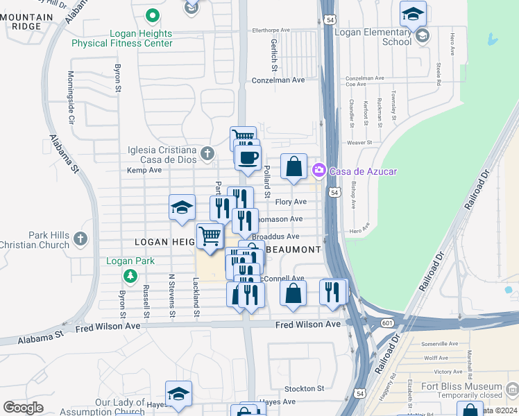map of restaurants, bars, coffee shops, grocery stores, and more near 4020 Flory Avenue in El Paso