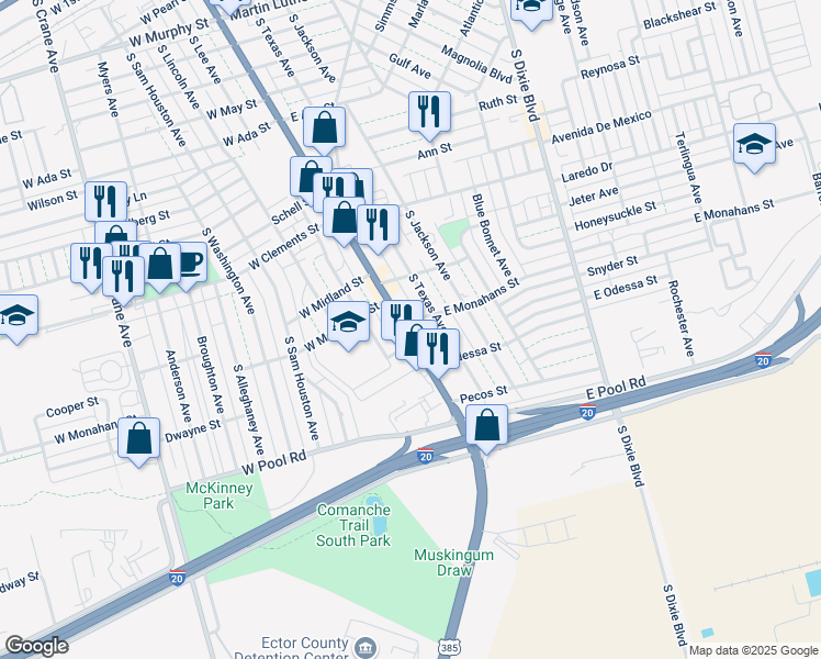 map of restaurants, bars, coffee shops, grocery stores, and more near 1411 South Grant Avenue in Odessa