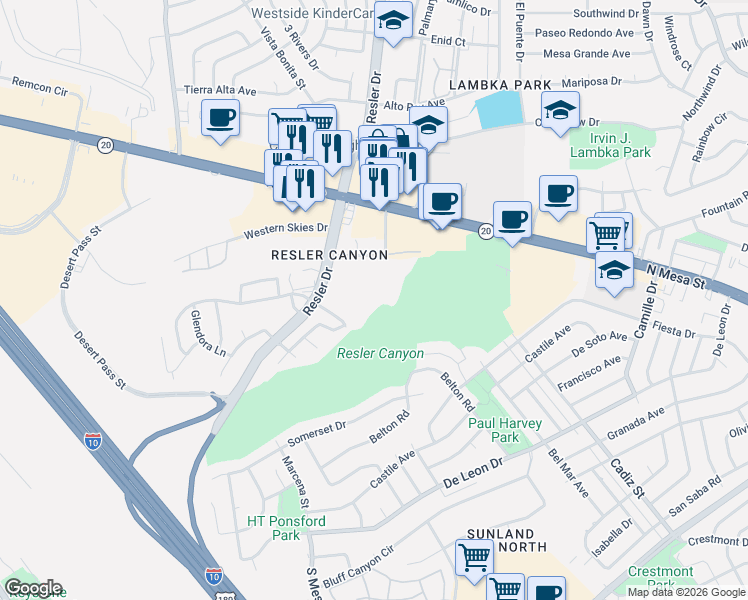 map of restaurants, bars, coffee shops, grocery stores, and more near 270 Maricopa Drive in El Paso