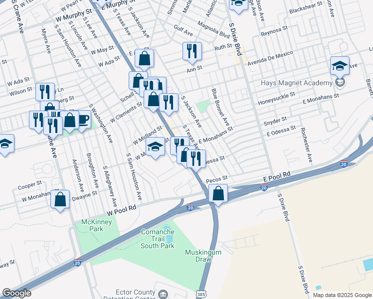 map of restaurants, bars, coffee shops, grocery stores, and more near 1411 South Grant Avenue in Odessa