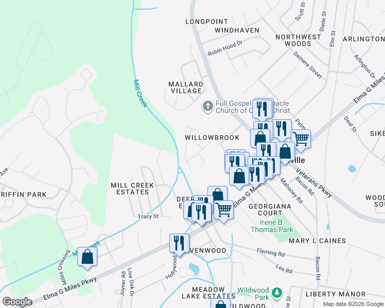 map of restaurants, bars, coffee shops, grocery stores, and more near 915 Malibu Drive in Hinesville