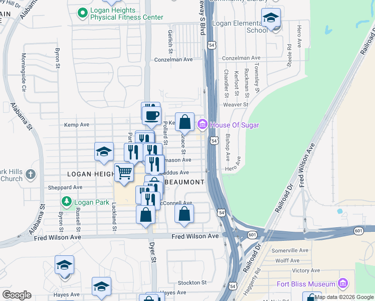 map of restaurants, bars, coffee shops, grocery stores, and more near 4215 Thomason Avenue in El Paso