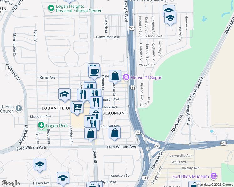 map of restaurants, bars, coffee shops, grocery stores, and more near 4215 Thomason Avenue in El Paso