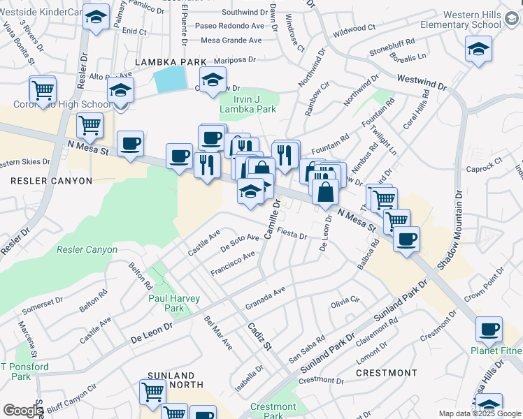 map of restaurants, bars, coffee shops, grocery stores, and more near 6508 Fiesta Drive in El Paso