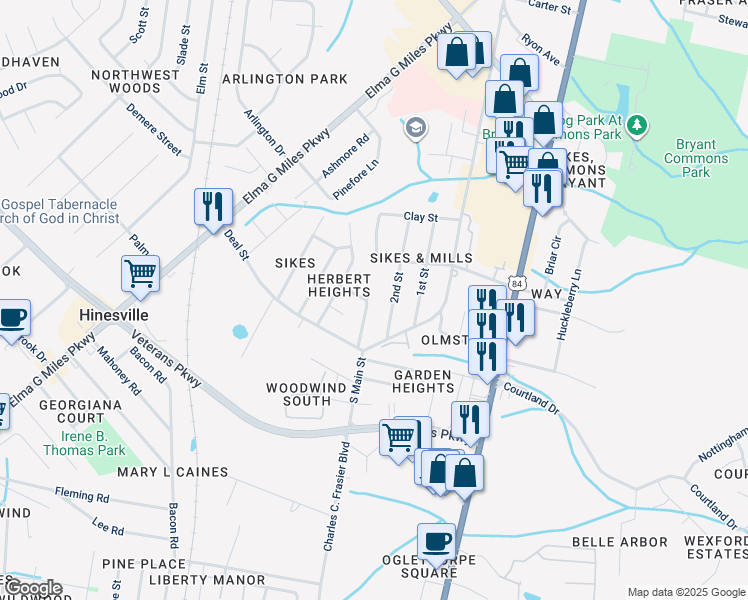 map of restaurants, bars, coffee shops, grocery stores, and more near 646 Parker Drive in Hinesville