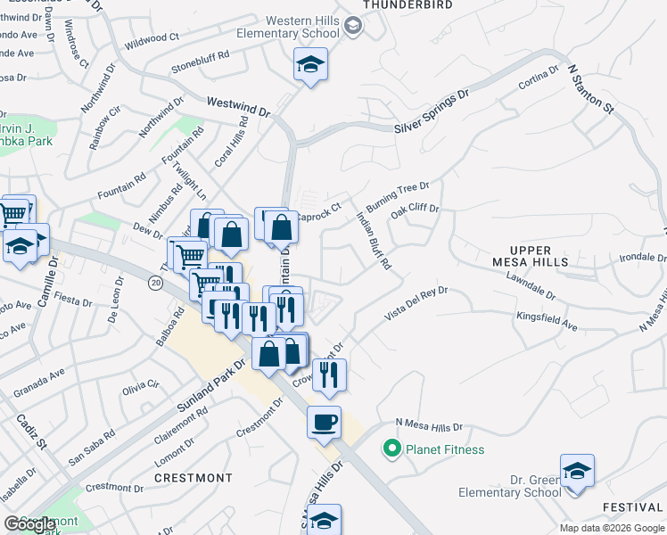 map of restaurants, bars, coffee shops, grocery stores, and more near 5844 Pebble Beach Drive in El Paso