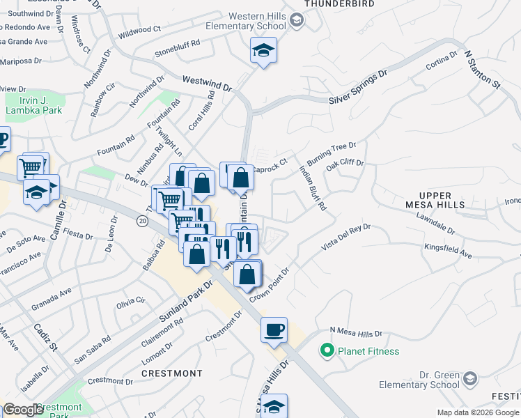map of restaurants, bars, coffee shops, grocery stores, and more near 2 Shadow Mountain Drive in El Paso