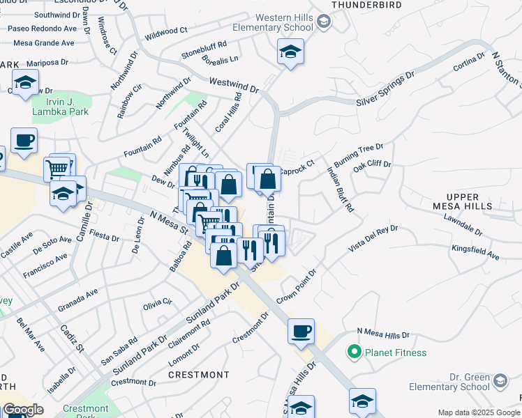 map of restaurants, bars, coffee shops, grocery stores, and more near 251 Shadow Mountain Drive in El Paso