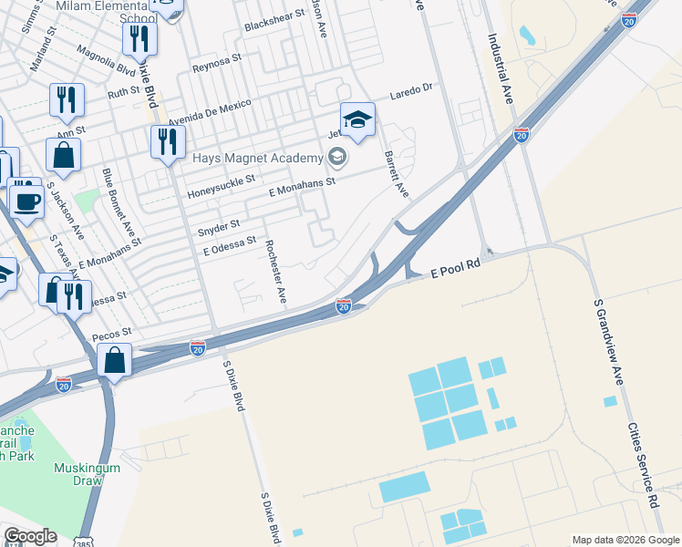 map of restaurants, bars, coffee shops, grocery stores, and more near 1101 East Pool Road in Odessa