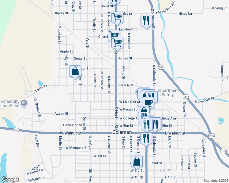 map of restaurants, bars, coffee shops, grocery stores, and more near 500 West Live Oak Street in Coleman