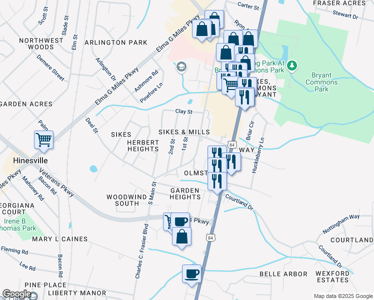 map of restaurants, bars, coffee shops, grocery stores, and more near 616 1st Street in Hinesville