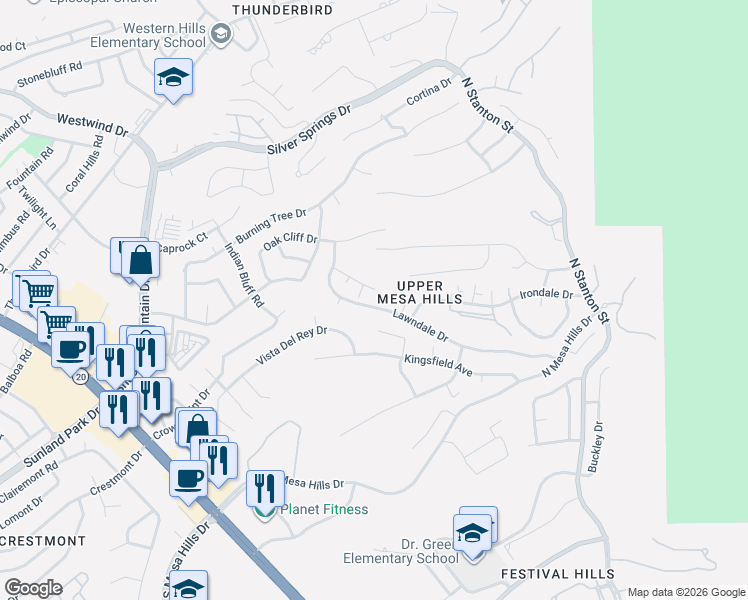 map of restaurants, bars, coffee shops, grocery stores, and more near 5813 Sundale Road in El Paso