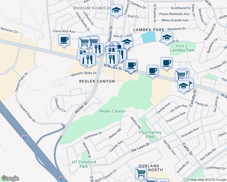 map of restaurants, bars, coffee shops, grocery stores, and more near 233 Maricopa Drive in El Paso