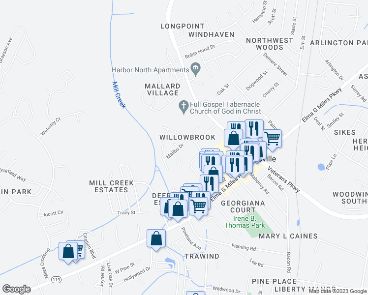 map of restaurants, bars, coffee shops, grocery stores, and more near 906 Malibu Drive in Hinesville