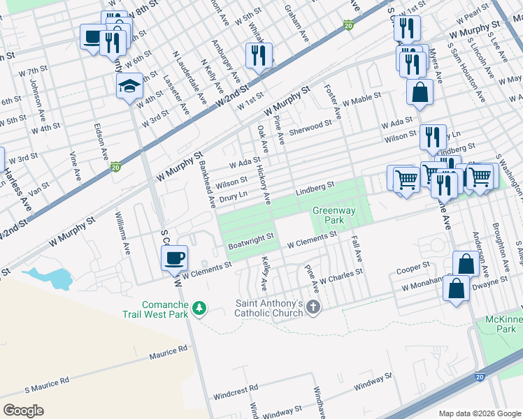 map of restaurants, bars, coffee shops, grocery stores, and more near 1216 Lindberg St in Odessa