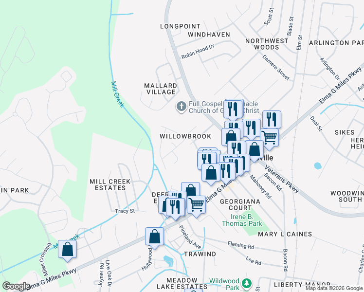 map of restaurants, bars, coffee shops, grocery stores, and more near 906 Malibu Drive in Hinesville