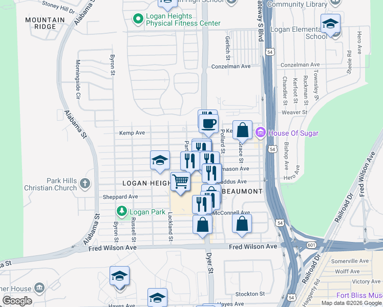 map of restaurants, bars, coffee shops, grocery stores, and more near 3916 Leavell Avenue in El Paso