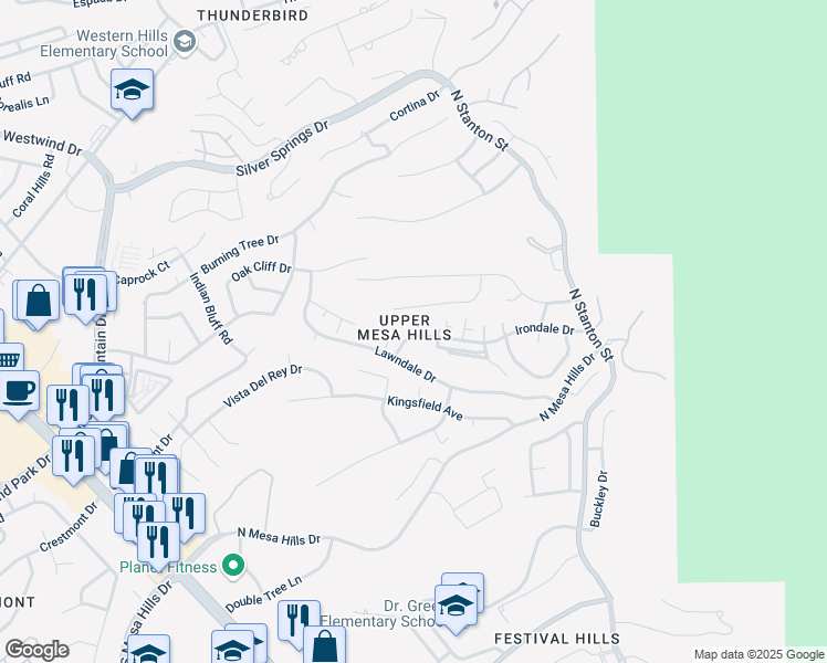 map of restaurants, bars, coffee shops, grocery stores, and more near 417 Irondale Drive in El Paso