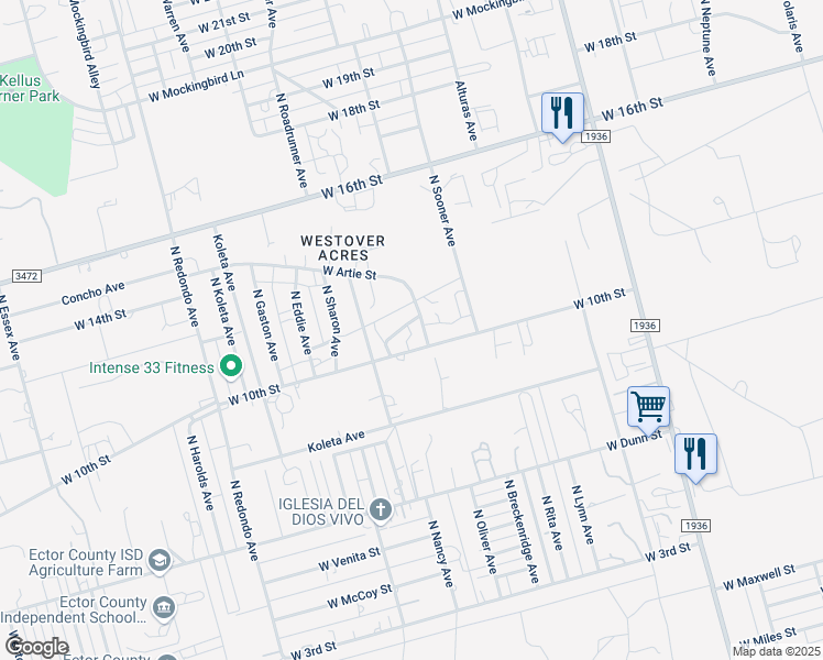 map of restaurants, bars, coffee shops, grocery stores, and more near 6700-6798 West 11th Street in Odessa