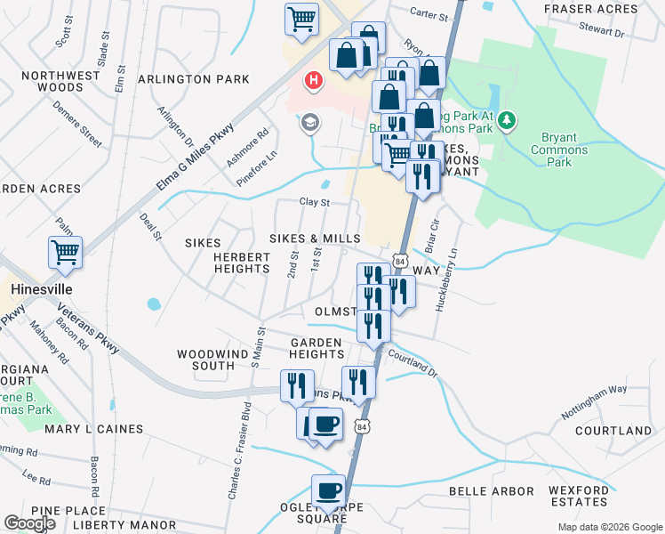 map of restaurants, bars, coffee shops, grocery stores, and more near 613 South Main Street Extension in Hinesville