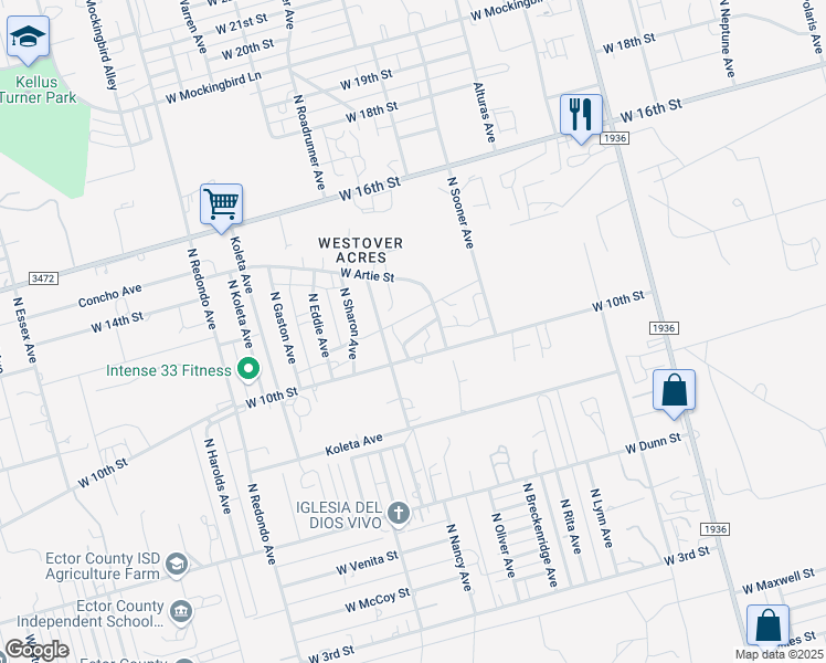 map of restaurants, bars, coffee shops, grocery stores, and more near 6700 West 11th Street in Odessa