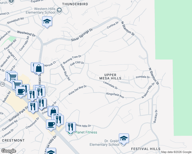 map of restaurants, bars, coffee shops, grocery stores, and more near 5813 Sundale Road in El Paso