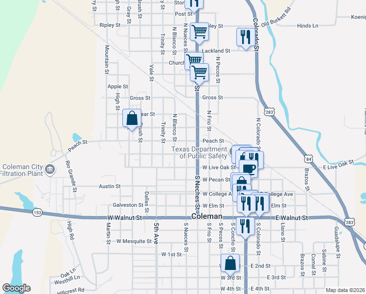 map of restaurants, bars, coffee shops, grocery stores, and more near 302 North Blanco Street in Coleman