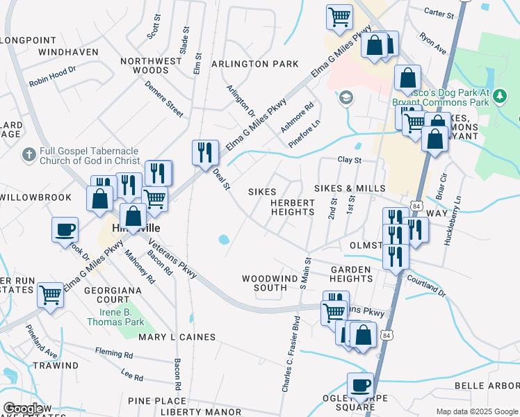 map of restaurants, bars, coffee shops, grocery stores, and more near 636 Caines Road in Hinesville