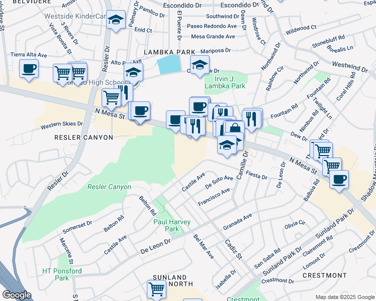 map of restaurants, bars, coffee shops, grocery stores, and more near 170 South Alto Mesa Drive in El Paso