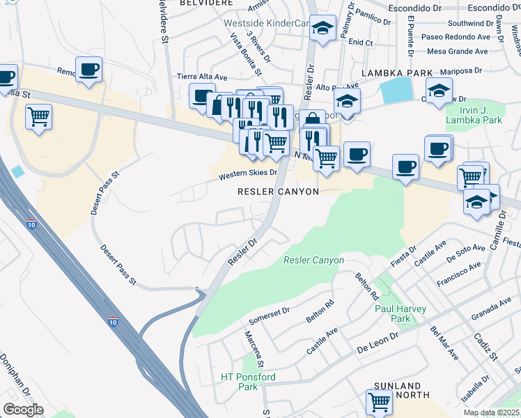 map of restaurants, bars, coffee shops, grocery stores, and more near 223 South Resler Drive in El Paso
