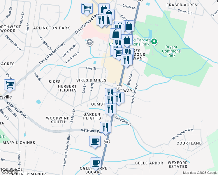 map of restaurants, bars, coffee shops, grocery stores, and more near 105 Link Street in Hinesville