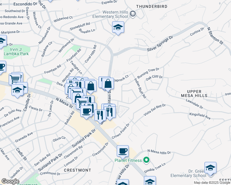 map of restaurants, bars, coffee shops, grocery stores, and more near 252 Shadow Mountain Drive in El Paso