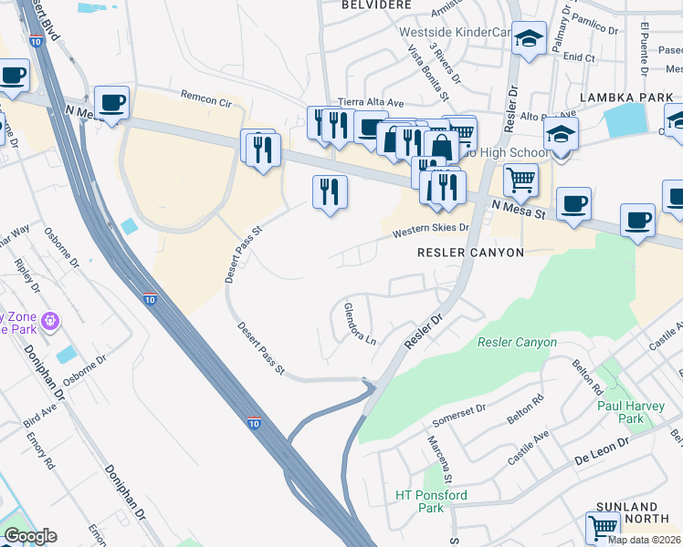 map of restaurants, bars, coffee shops, grocery stores, and more near 150 Silver Shadow Drive in El Paso