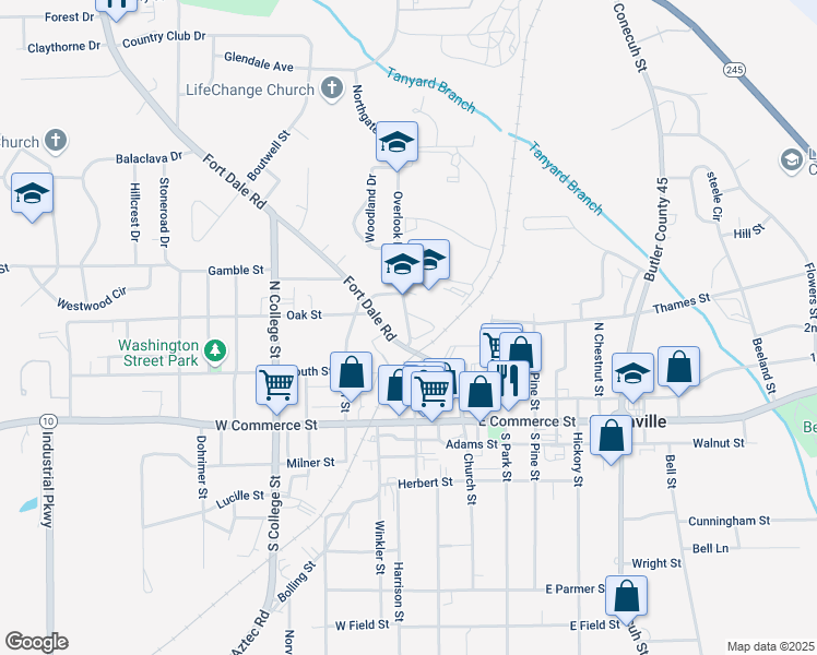 map of restaurants, bars, coffee shops, grocery stores, and more near Butler Street in Greenville