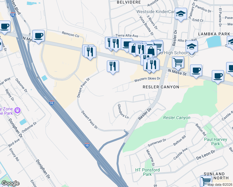 map of restaurants, bars, coffee shops, grocery stores, and more near 150 Silver Shadow Drive in El Paso